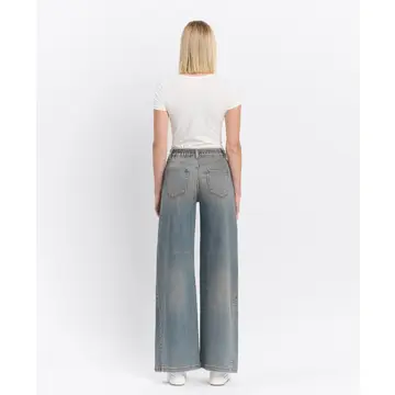 High Rise Elastic Tie Waistband Baggy Wide Jeans - GENESIS