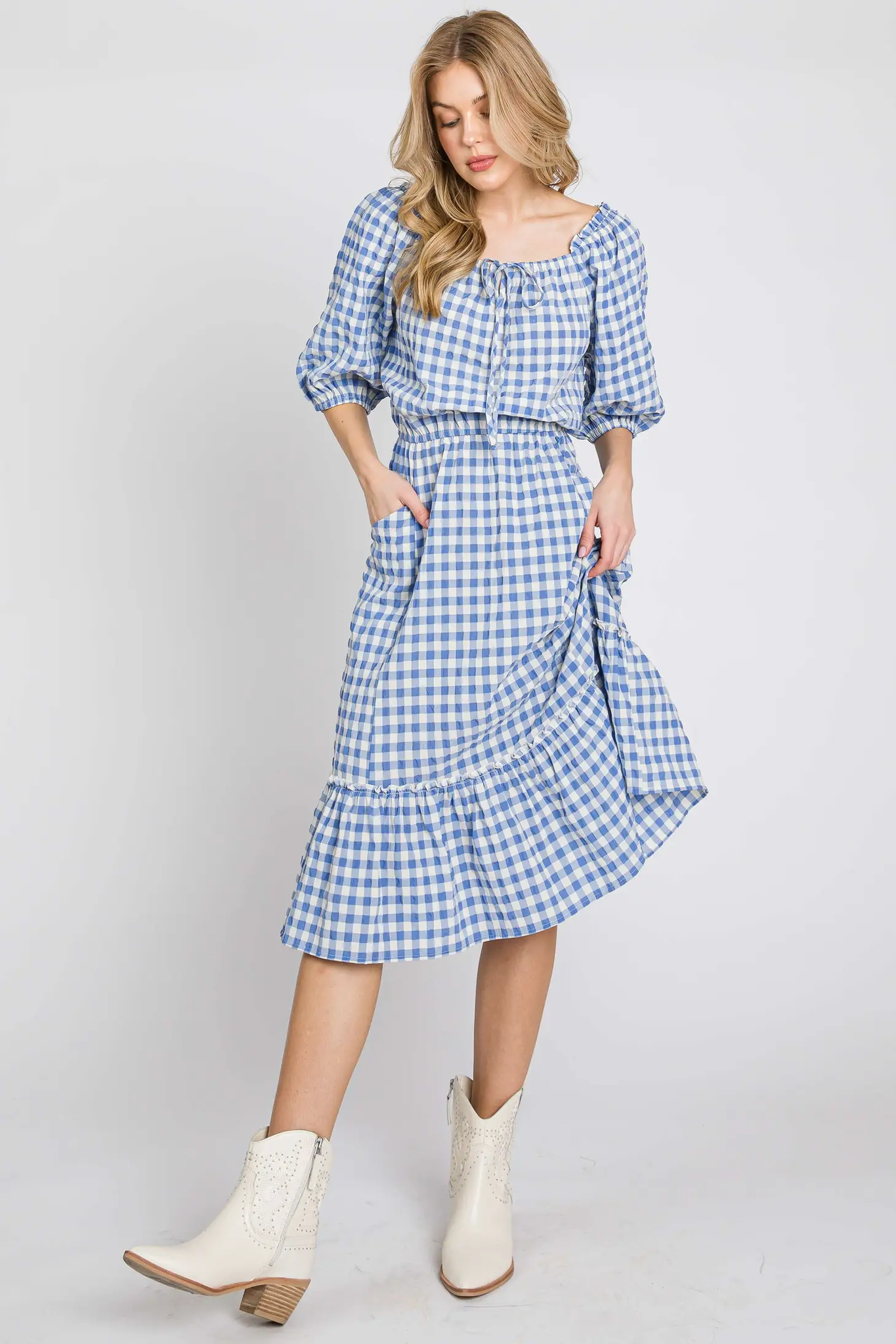 TEXTURED GINGHAM PUFF SLEEVE TIERED DRESS