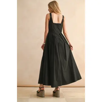 Stitch Front Pleated Detail Dress - Black