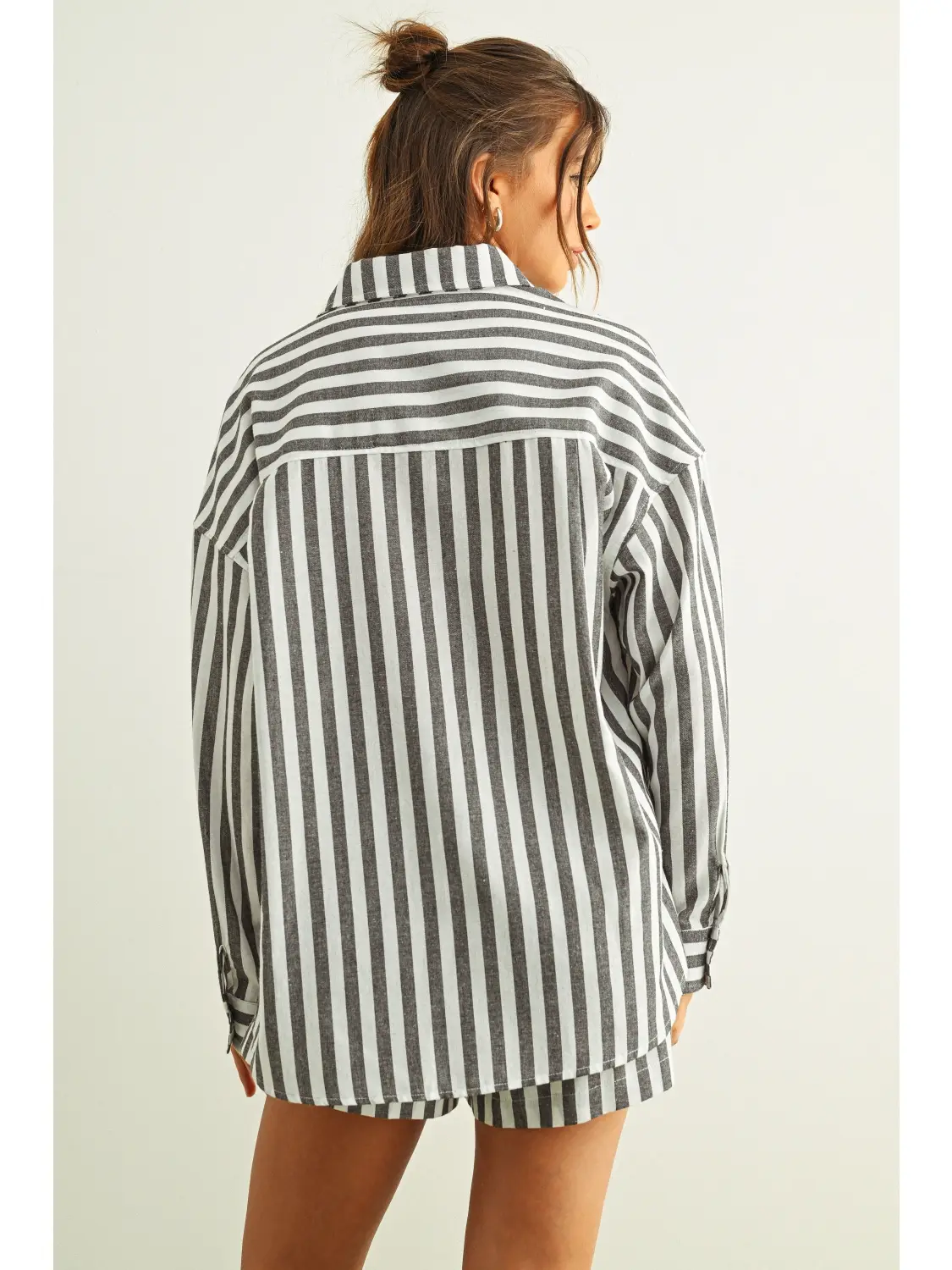 Striped Button Down Linen Shirts - BLACK