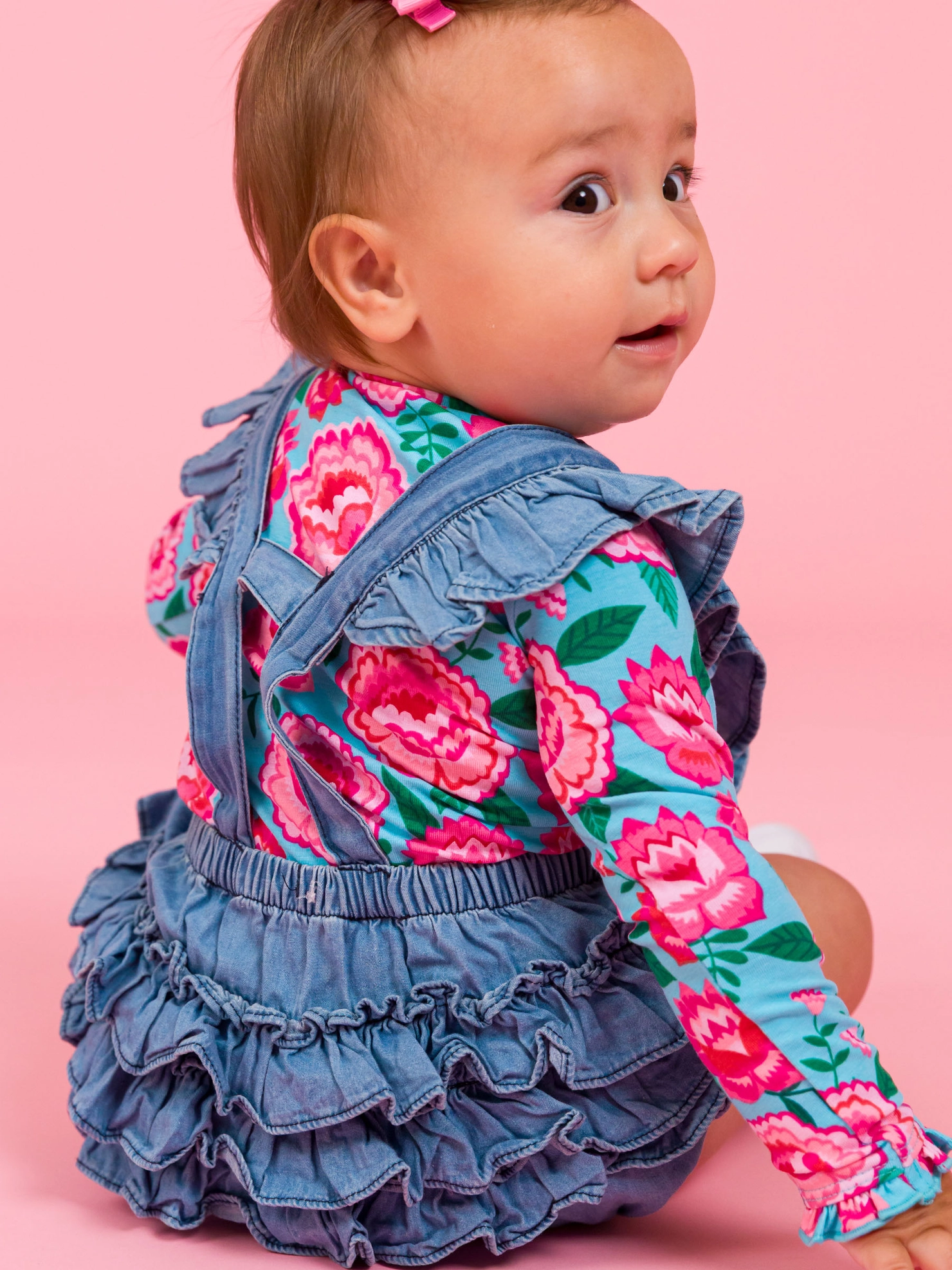 Baby Girls Light Wash Woven Flutter Overall Romper
