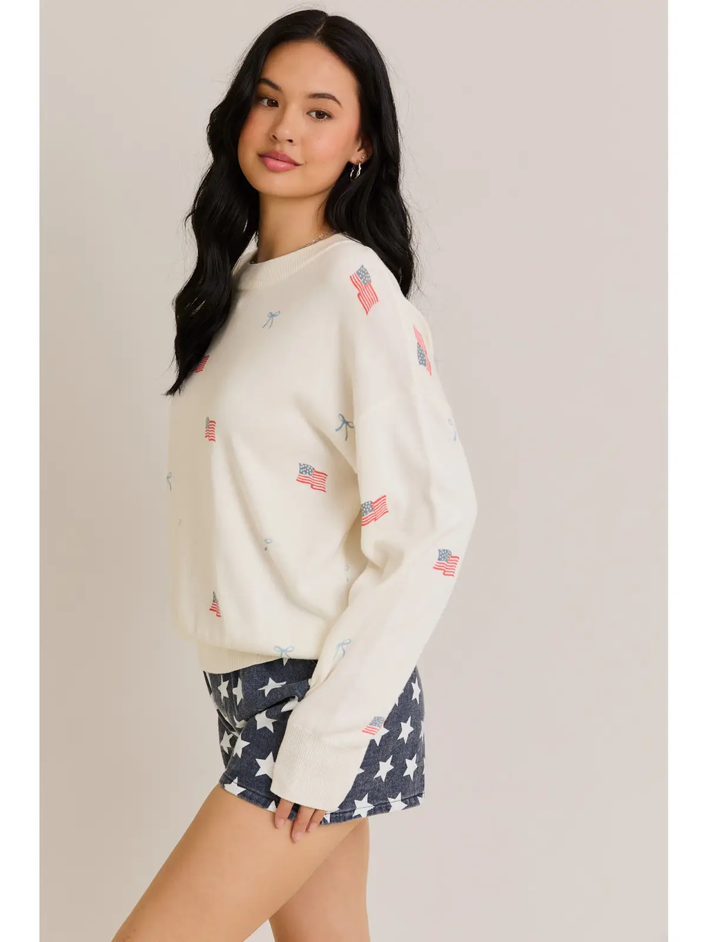 "USA Flag with Bow" Print Long Sleeve Crew Neck Sweater
