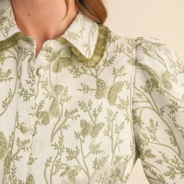 Jacquard Bubble Sleeve Button Down Midi Dress  - SAGE GREEN