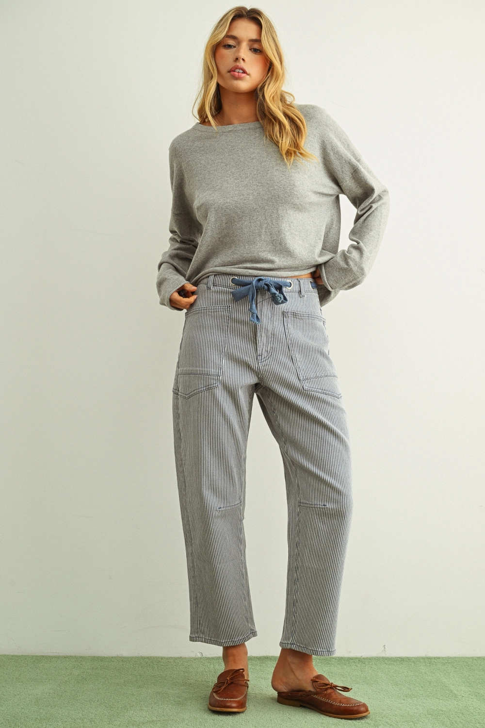 Striped Pattern Washed Barrel Pants with Belt - Blue