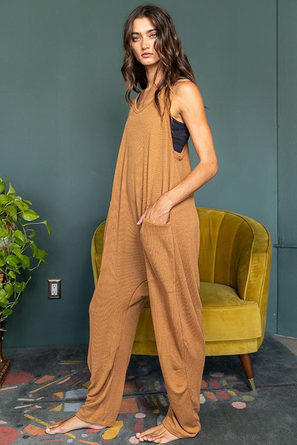 V-Neck Solid Ribbed Knit Jumpsuit - Camel