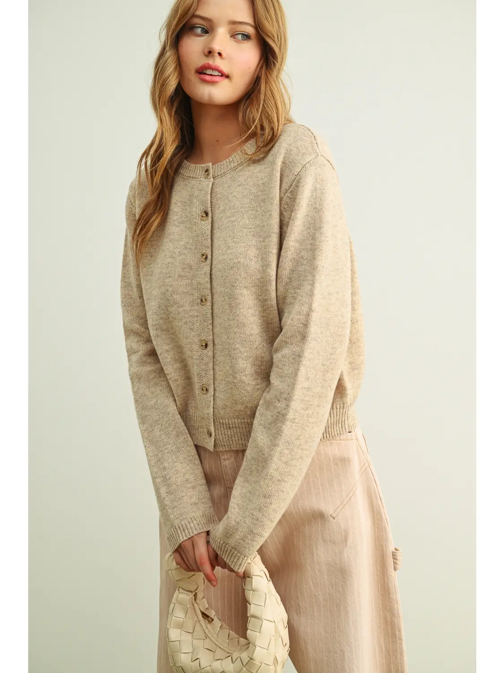 Simple Button Front Round Neck Sweater Cardigan - BEIGE