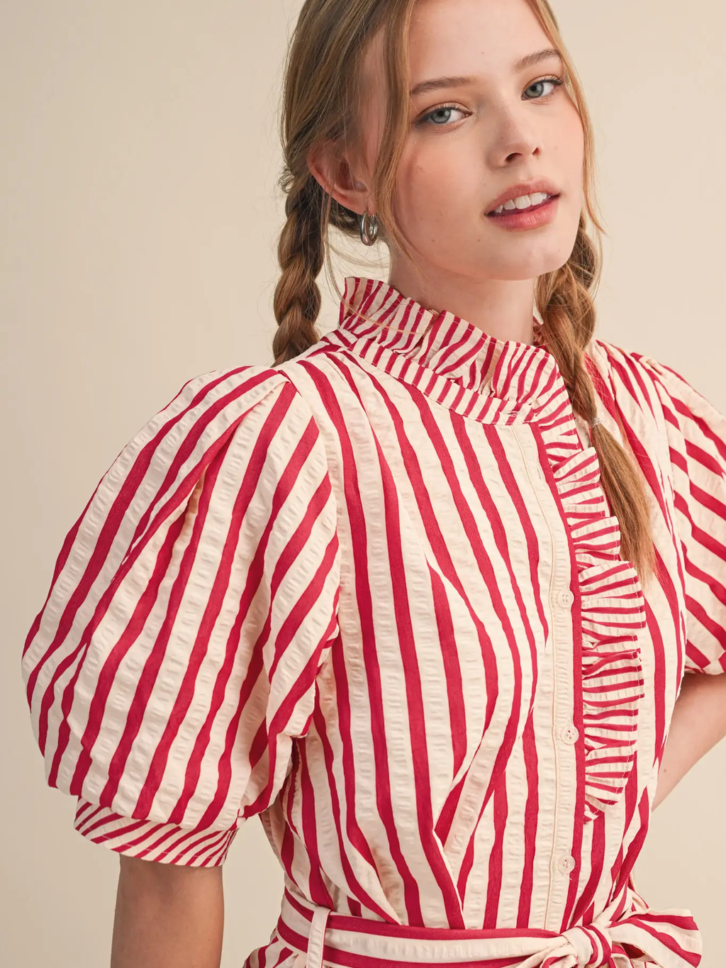 Striped Ruffled Button Down Mini Dress - BERRY RED SRTIPE