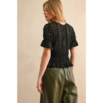 Short Sleeve Lace Blouse - BLACK