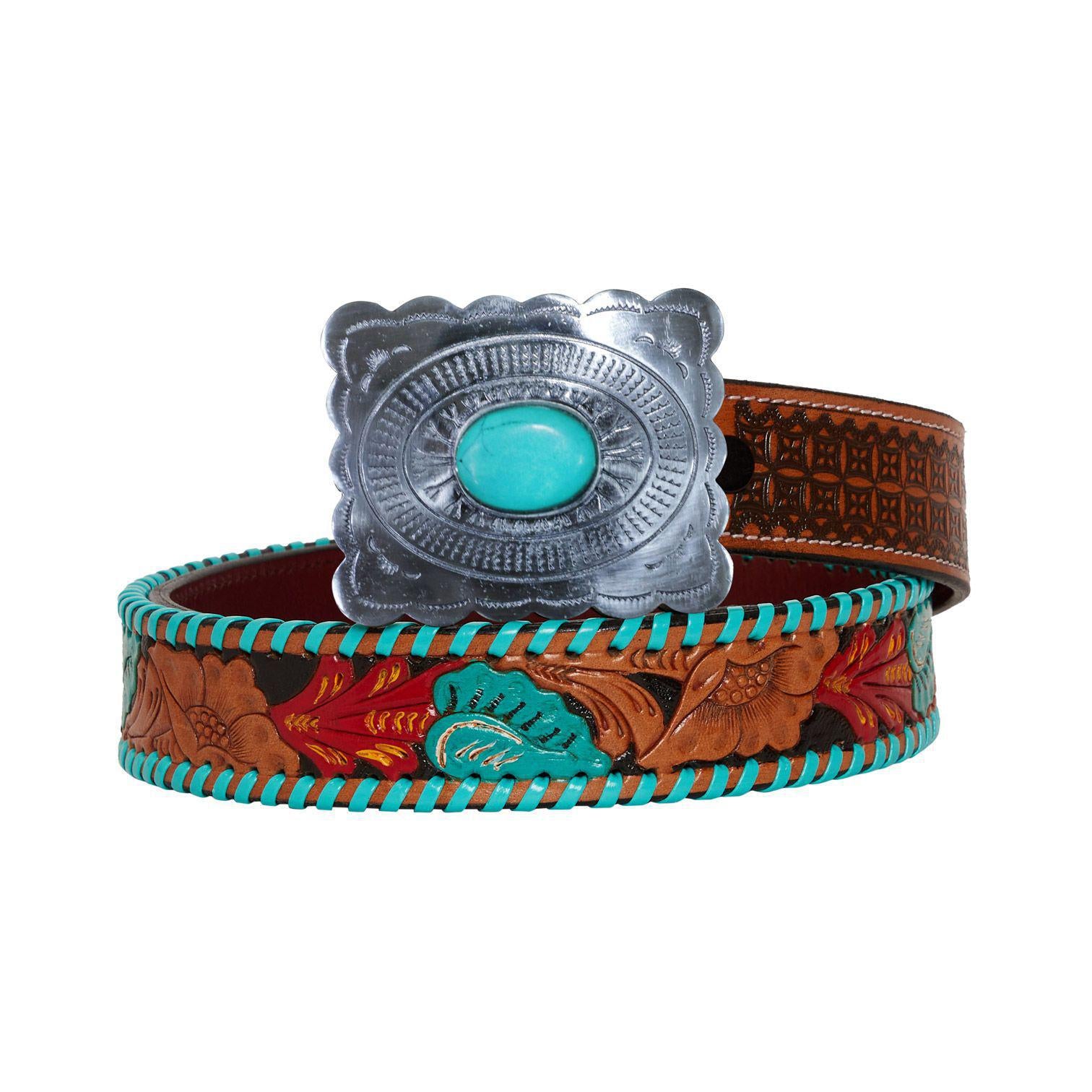 TROPICAL FOREST HAND-TOOLED LEATHER BELT S-3842