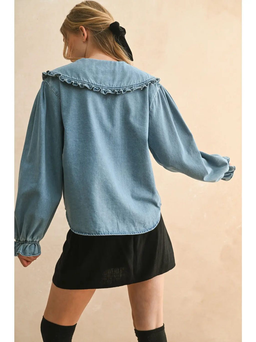 Ruffled Trim Collar Denim Shirt