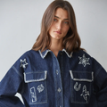 Woven Denim Cotton Embroidered Button Down Jacket - DARK DENIM