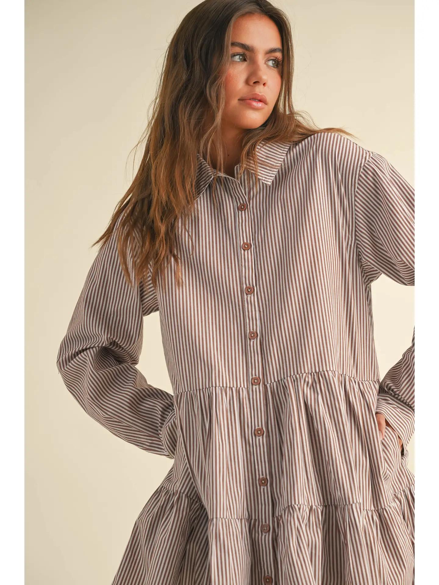 Striped Pattern Buttondown Tiered Bottom Dress - Brown