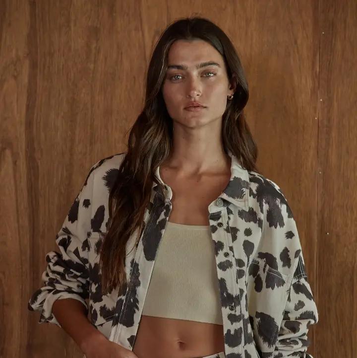 Woven Denim Cotton Animal Print Button Down Jacket