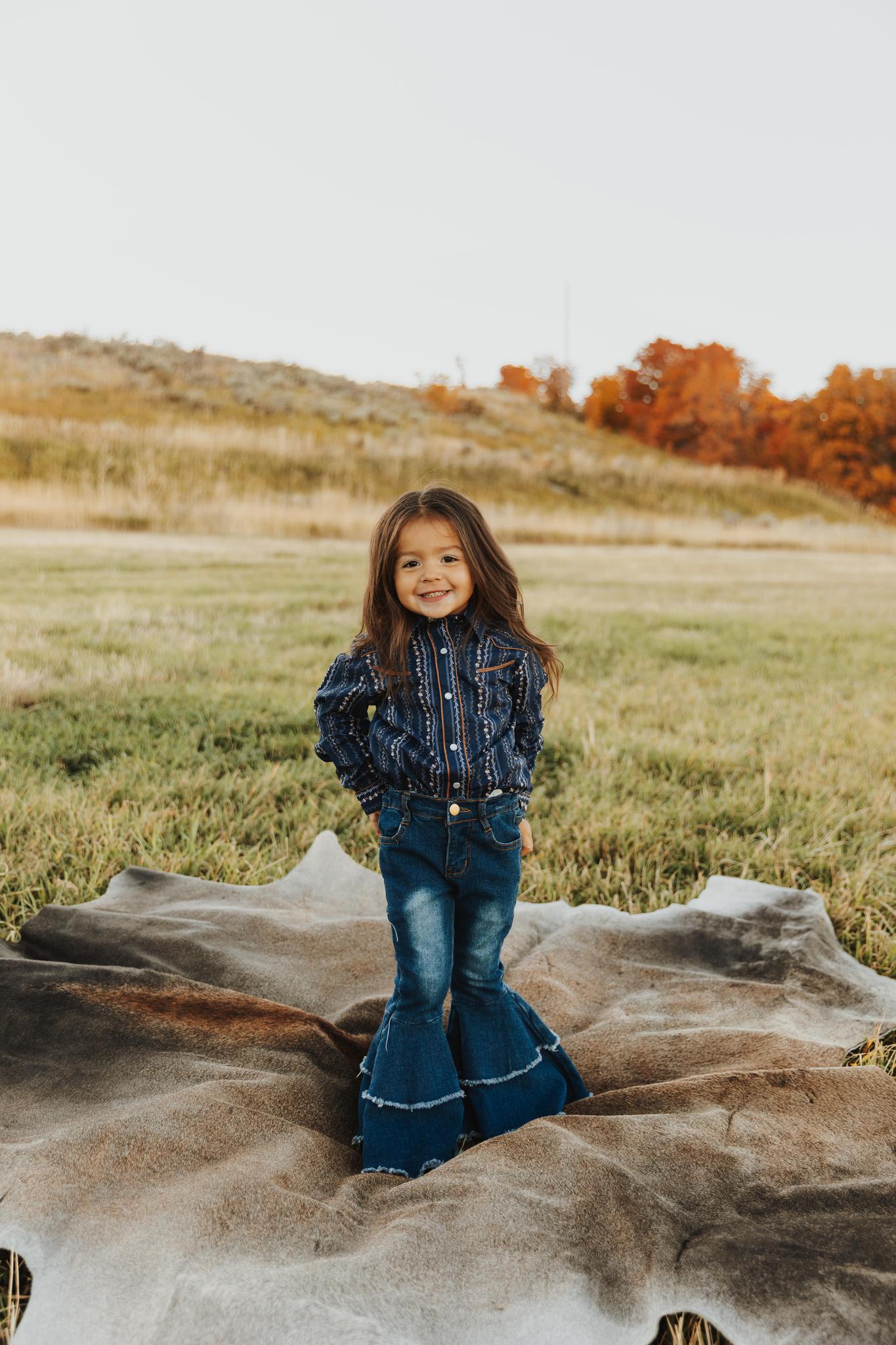 GIRLS L/S SHIRT SNAP RETRO PIPED FANCY YOKE 1724 NAVY/KHAKI FLORAL WALLPAPER PRT
