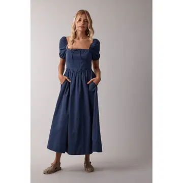 Puff Sleeve Midi Dress - NAVY