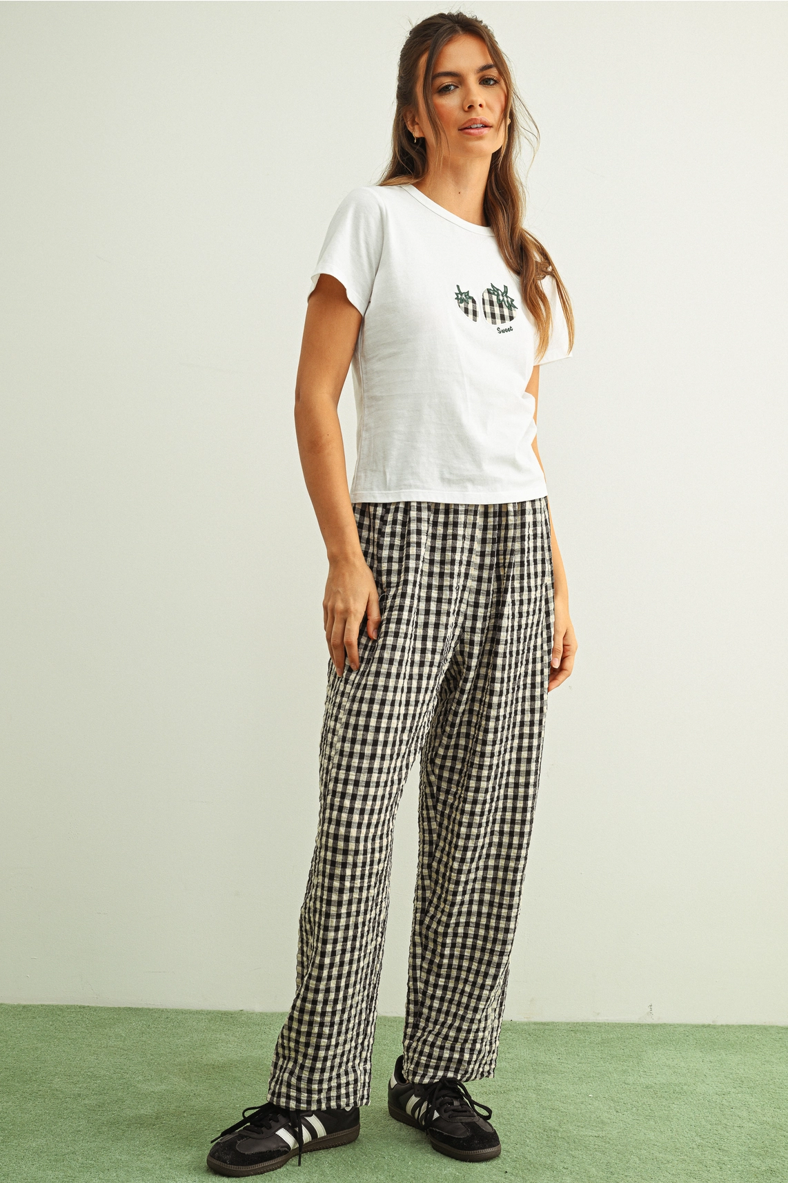 Gingham Pattern Elastic Band Waist Pants - BLACK & WHITE