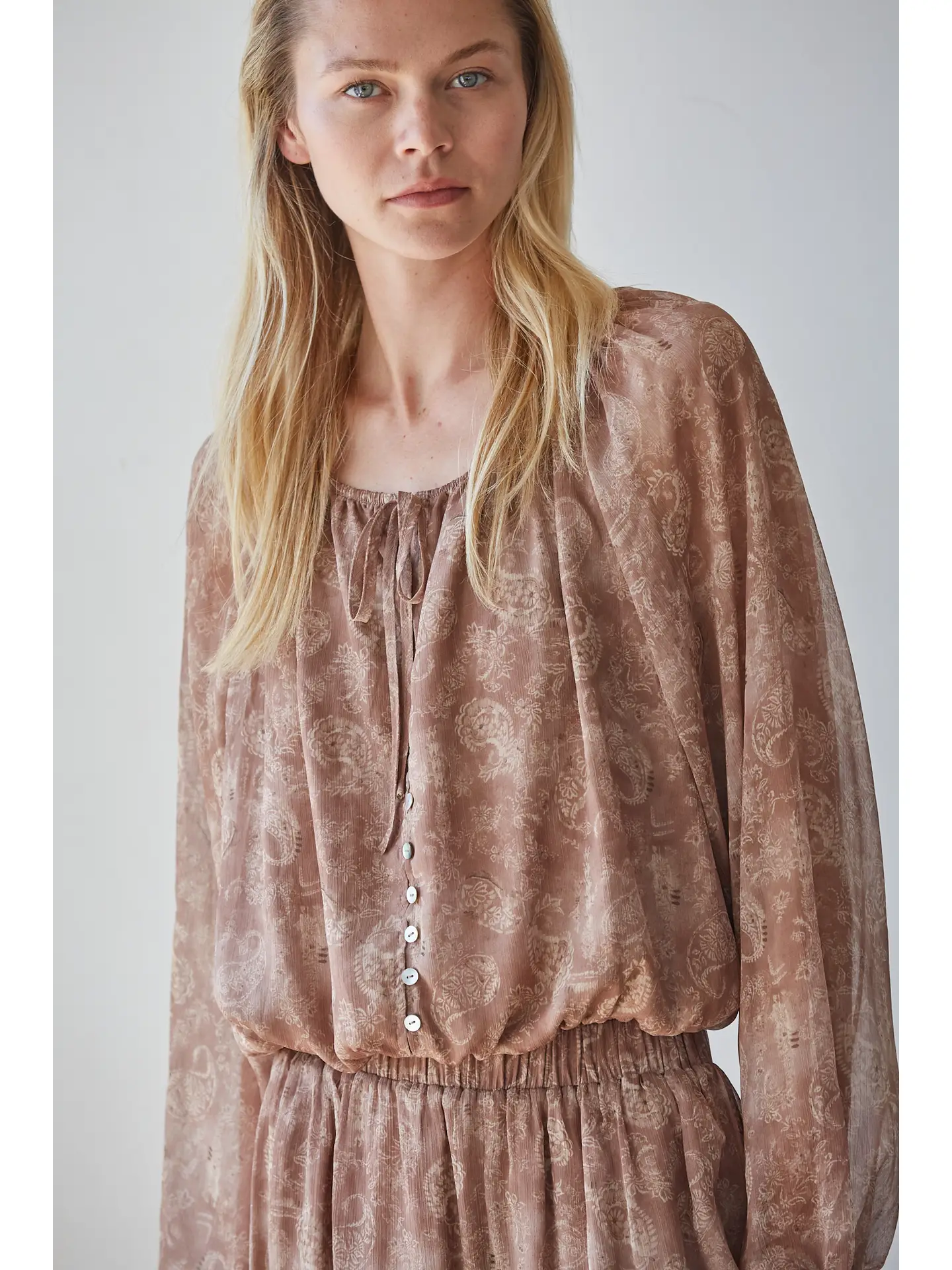 Woven Polyester Paisley Print Long Sleeve Top