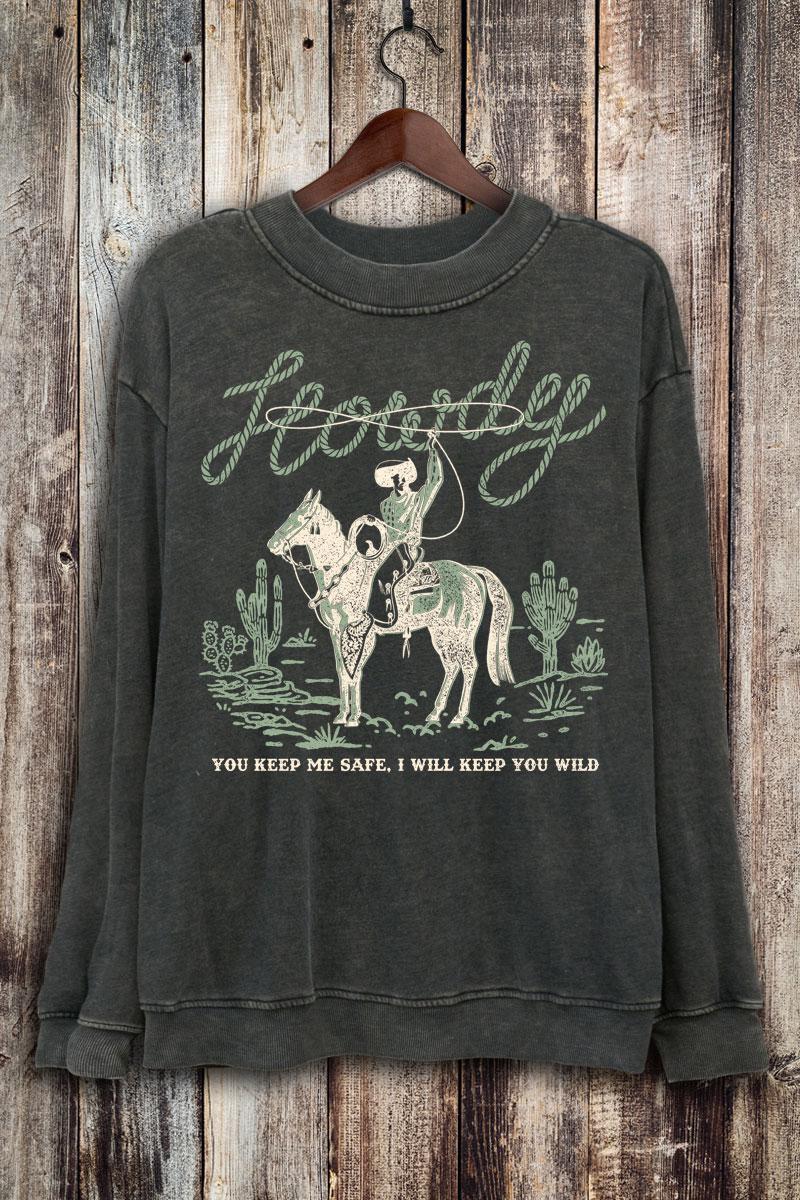 WILD WEST HOWDY COWBOY LONG SLEEVE SWEATSHIRT - MINERAL BLACK