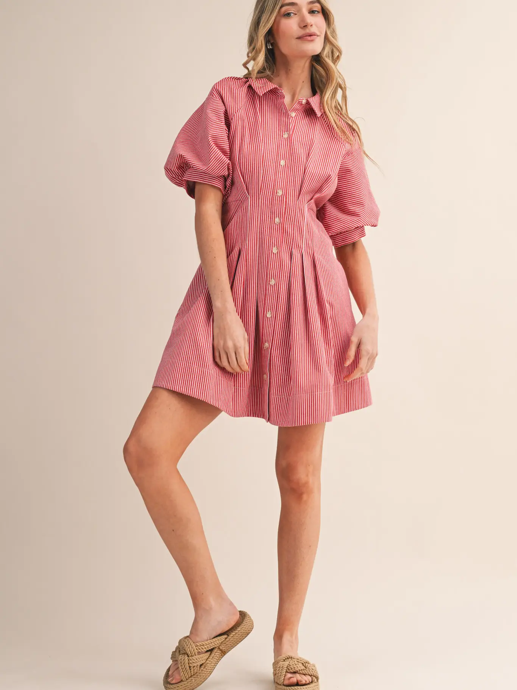 Striped Pleated Waist Button Down Mini Dress - RED STRIPE