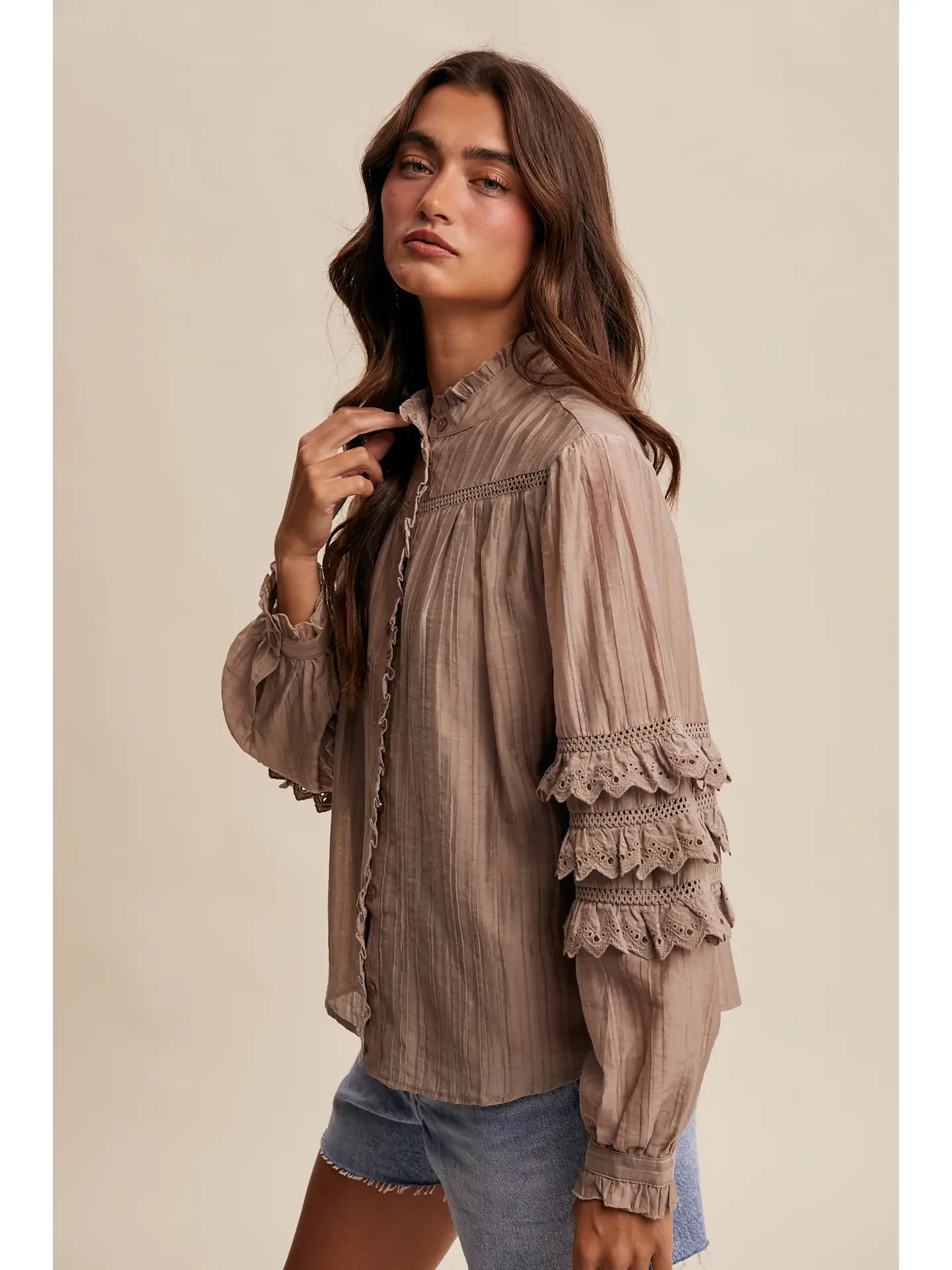 Lace Ruffle Sleeve Pintuck Blouse