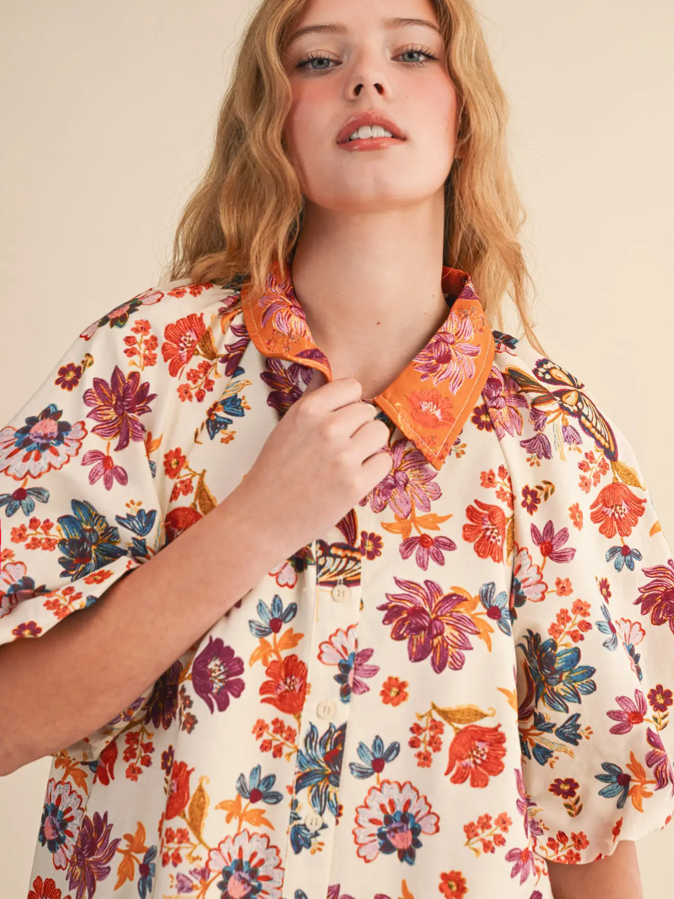 Collared Button Down Floral Mini Dress - IVORY MULTI