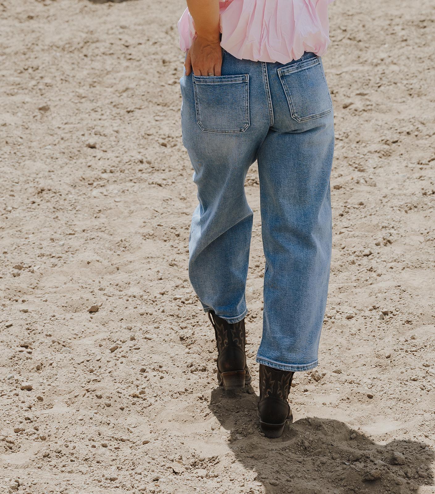 High Rise Elastic Waistband Wide Barrel Jeans - UPSTANDING
