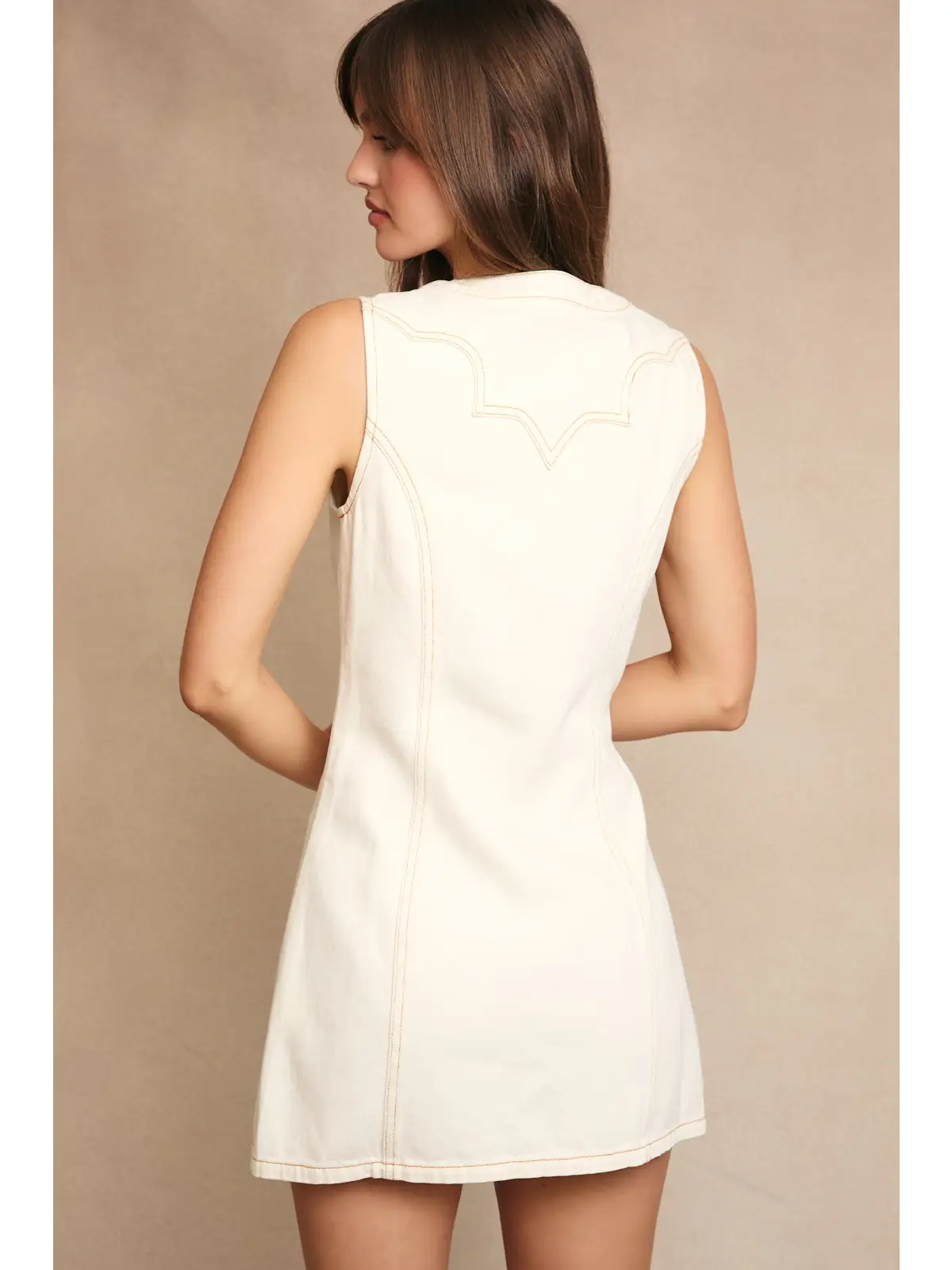 Stitch Detail Sleeveless Button Down Dress - CREME