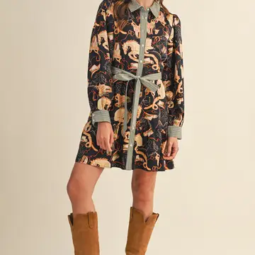 Exclusive Mixed Print Button Down Mini Dress - BLACK MULTI