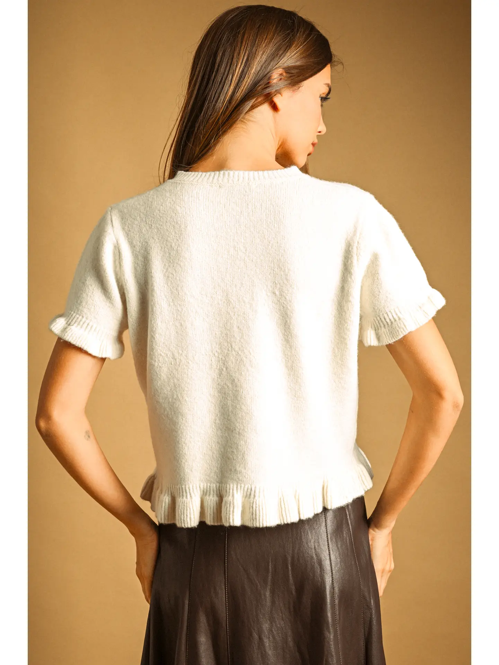 Ruffle Hem Short Sleeve Sweater Top - CREAM