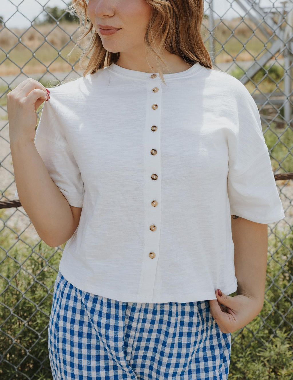 Button Down Round Neck Half Sleeve Top
