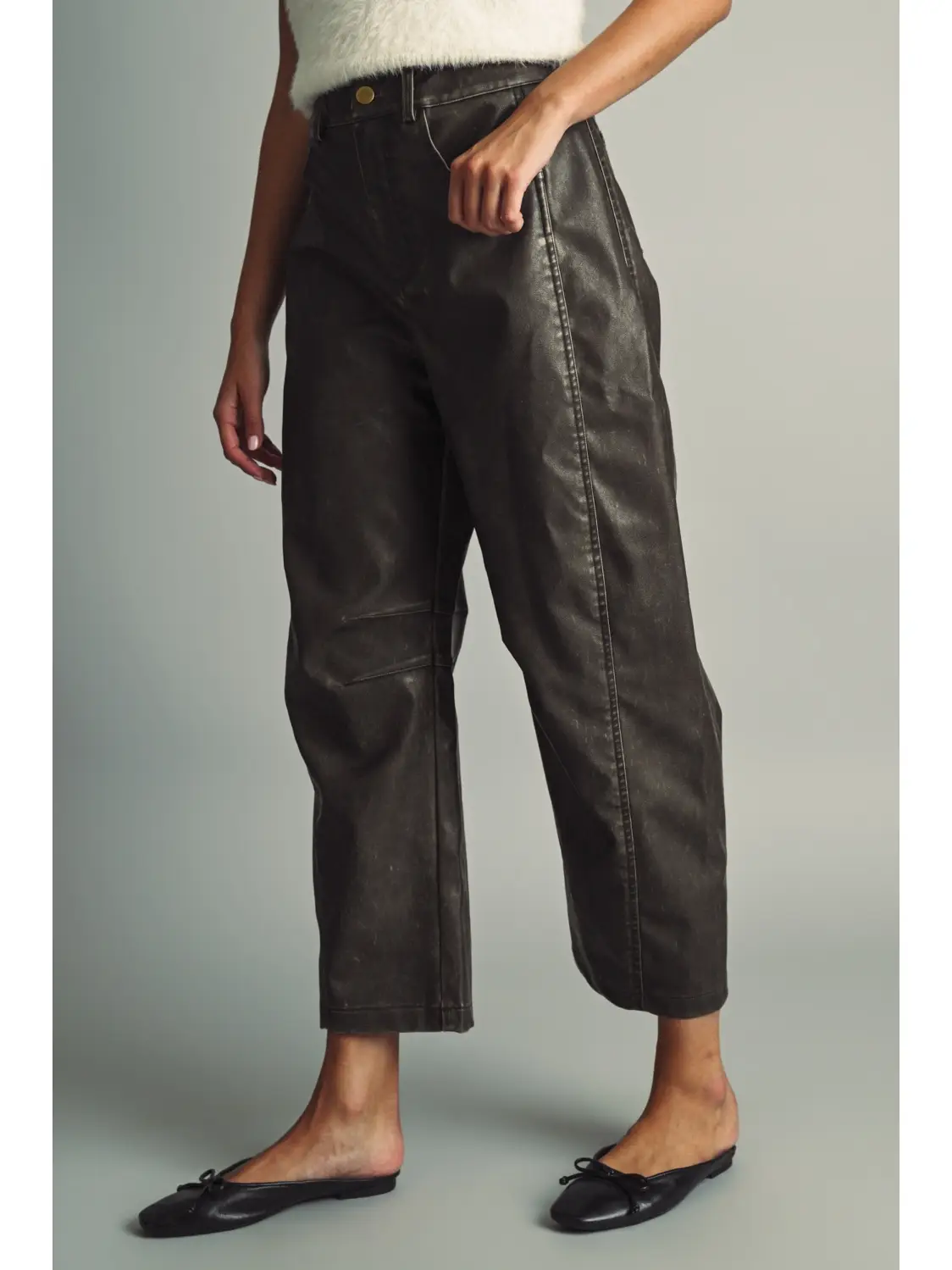 Washed Effect Barrel Pu Pants - BLACK