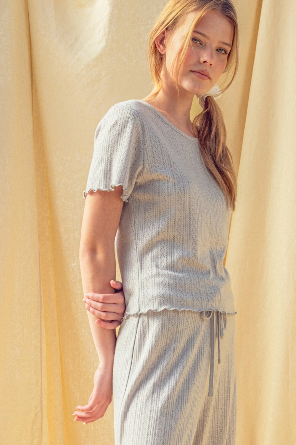 Pointelle Short Sleeve Top - Grey