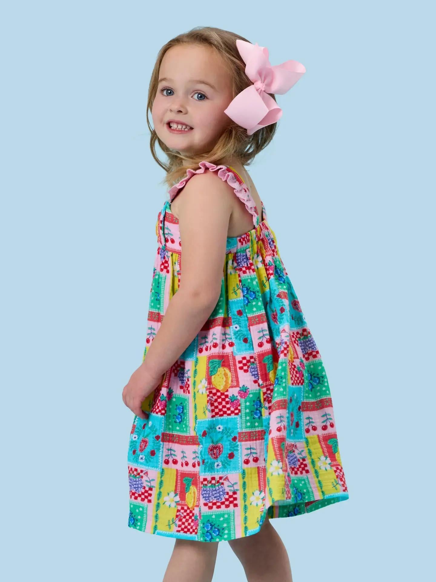 Girls Picnic Party Patchwork Cotton Gauze Flutter Bow Woven Dress