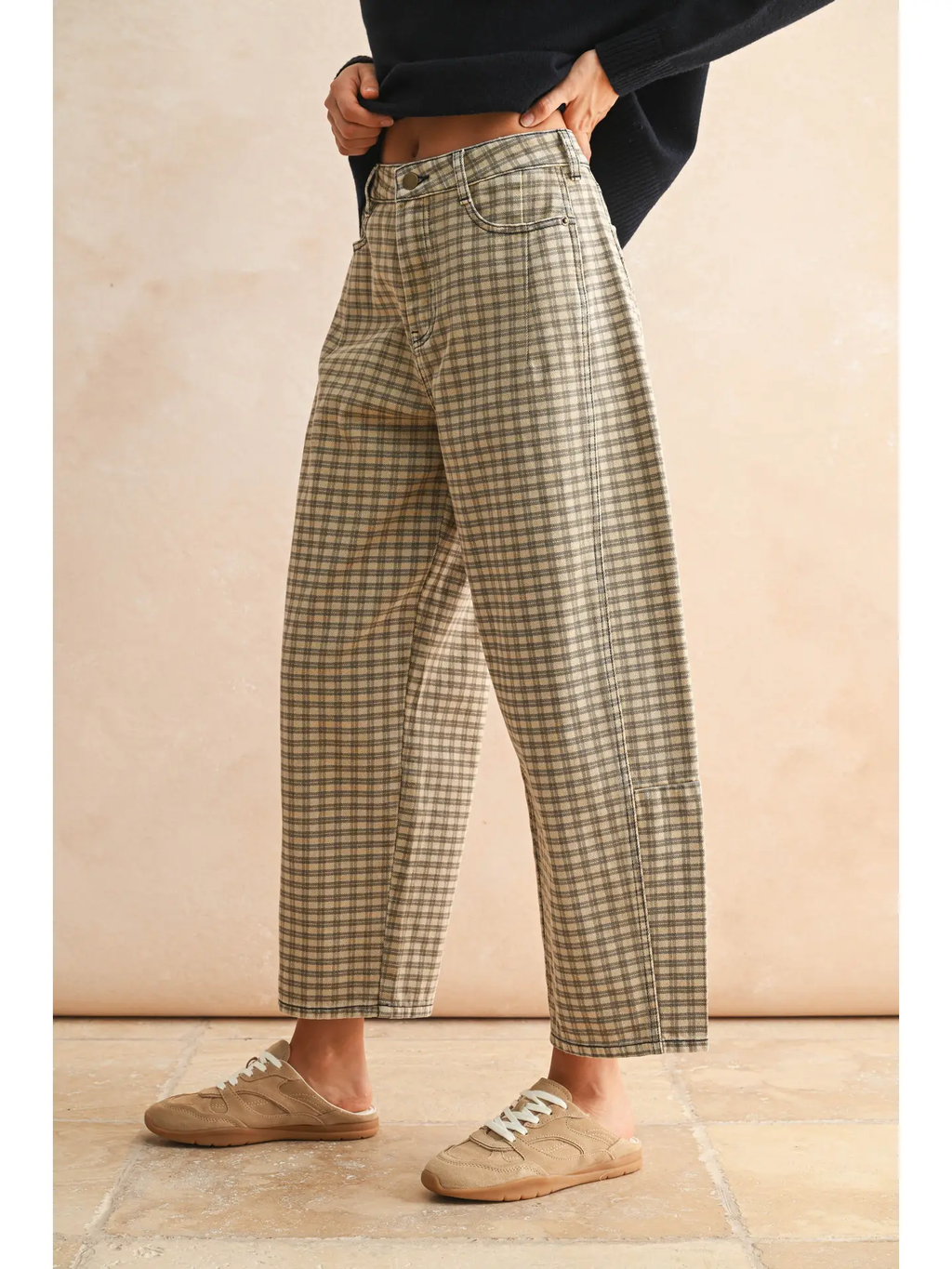 Mini Checker Pattern Barrel Pants - TAN/BROWN