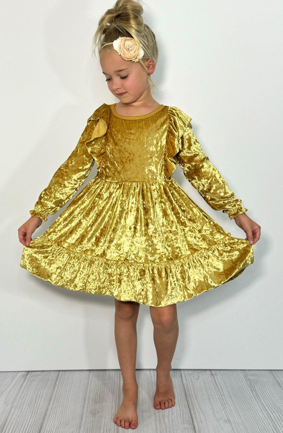 Golden Velvet Ruffle Girls Dress
