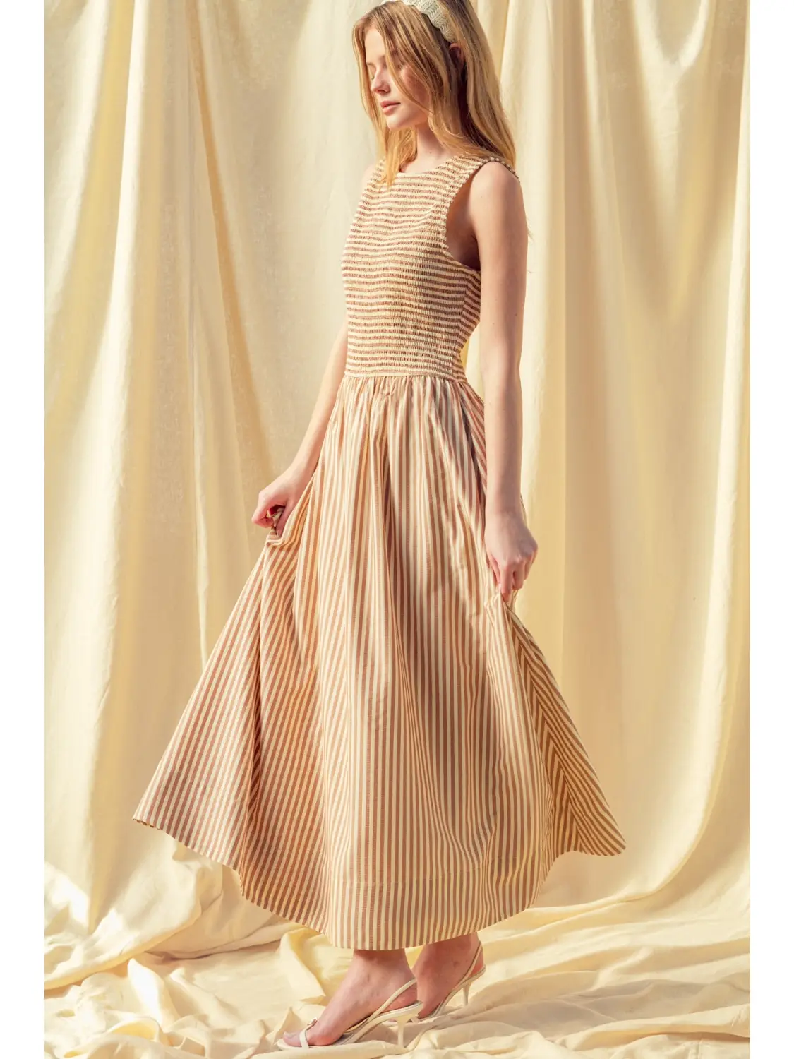 Striped Fabric Smocking Top Long Dress