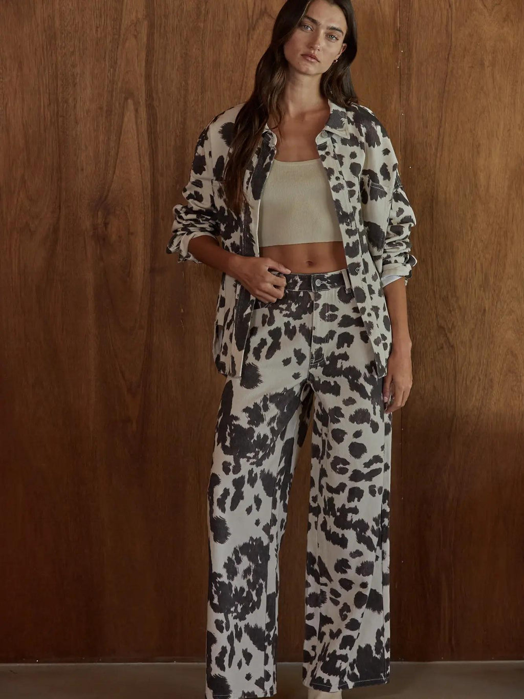 Woven Denim Cotton Animal Print Wide Leg Pants