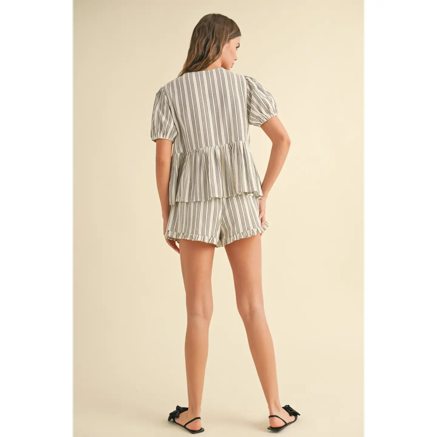 Striped Pattern Ruffled Blouse - Black