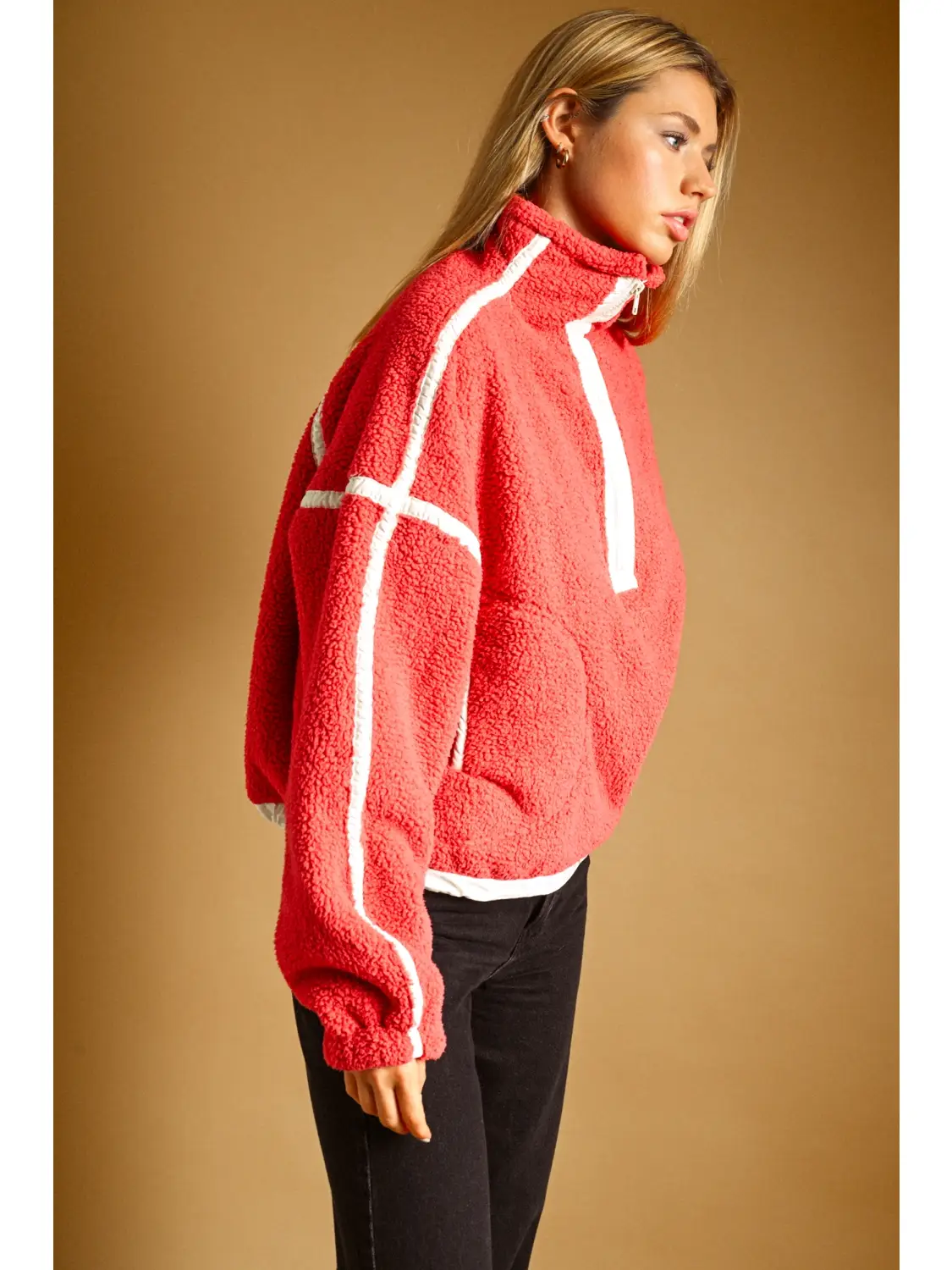 Half Zip Up Sherpa Pullover - CHERRY