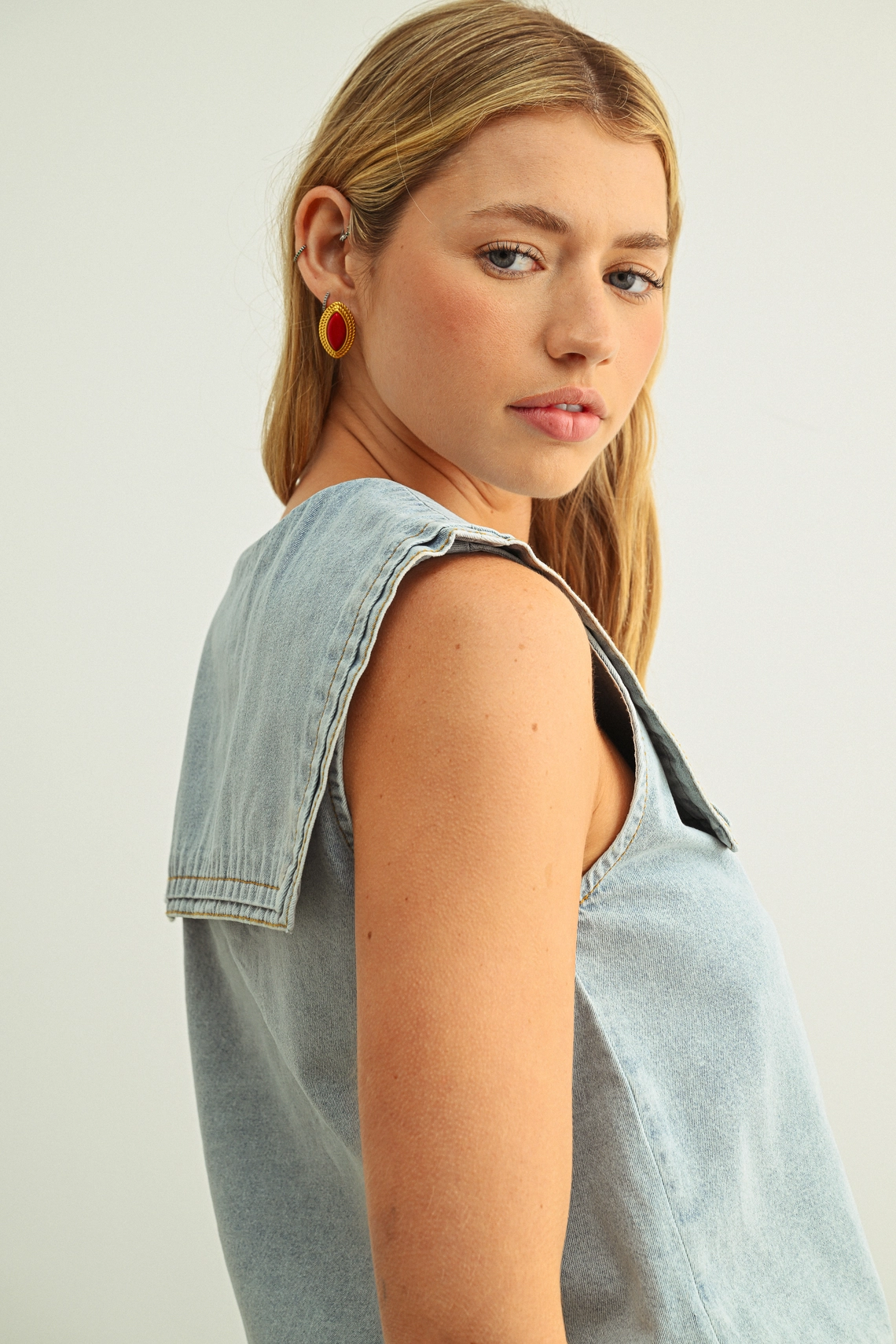 Sailor Collar Button Front Denim Top