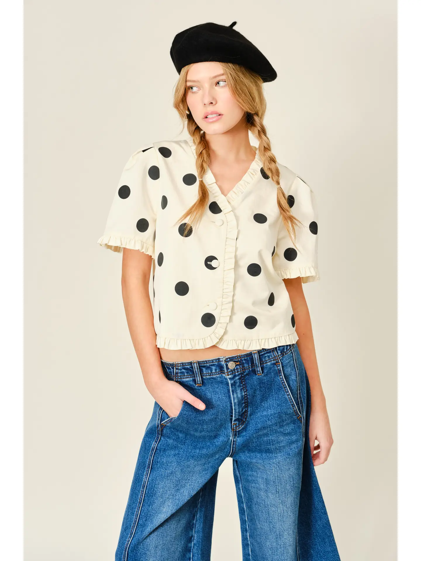 Ruffle Edge Dot Print Short Sleeve Jacket
