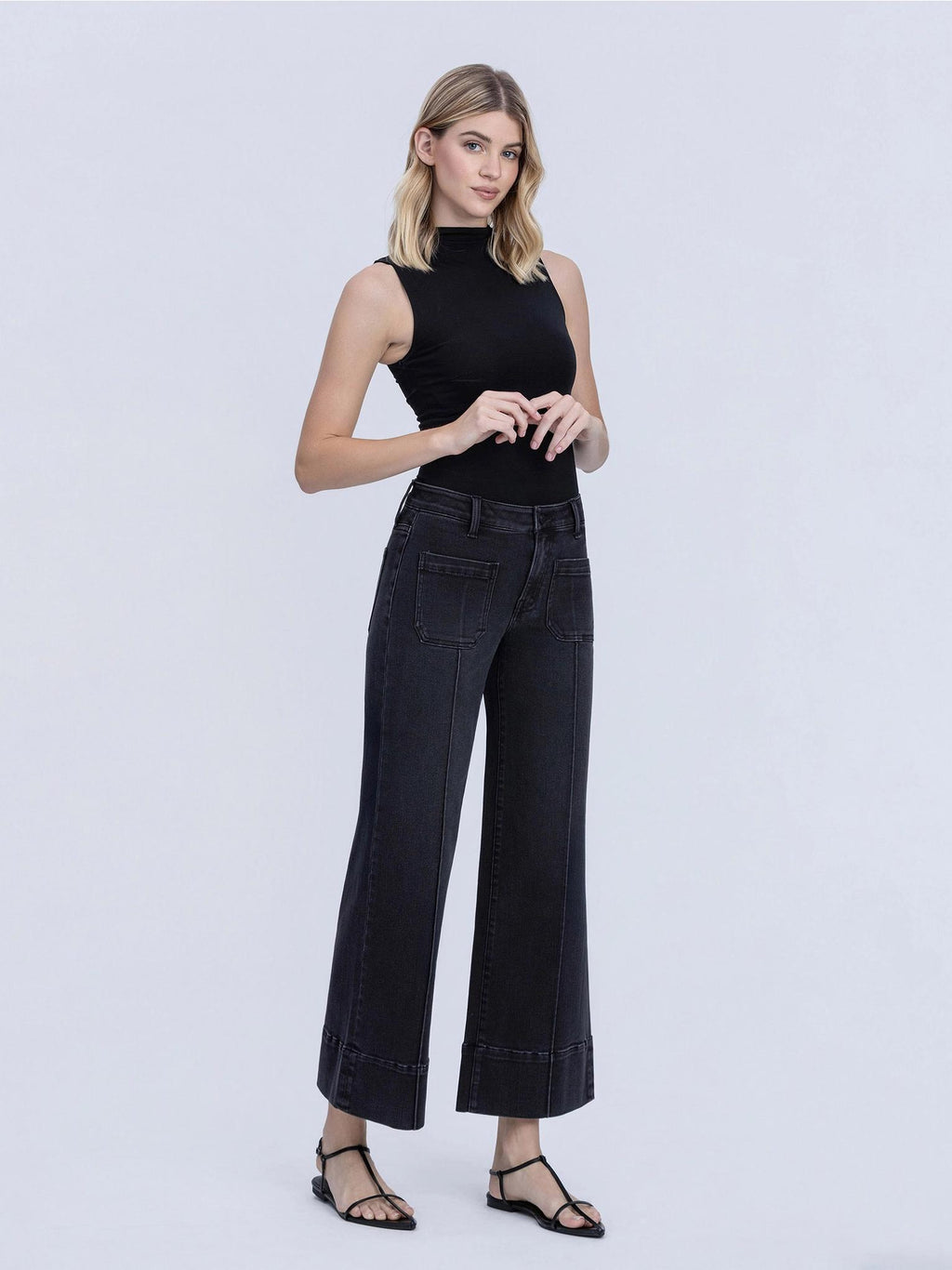 High Rise Patch Pocket Pin Tuck Black Wide Leg Jeans