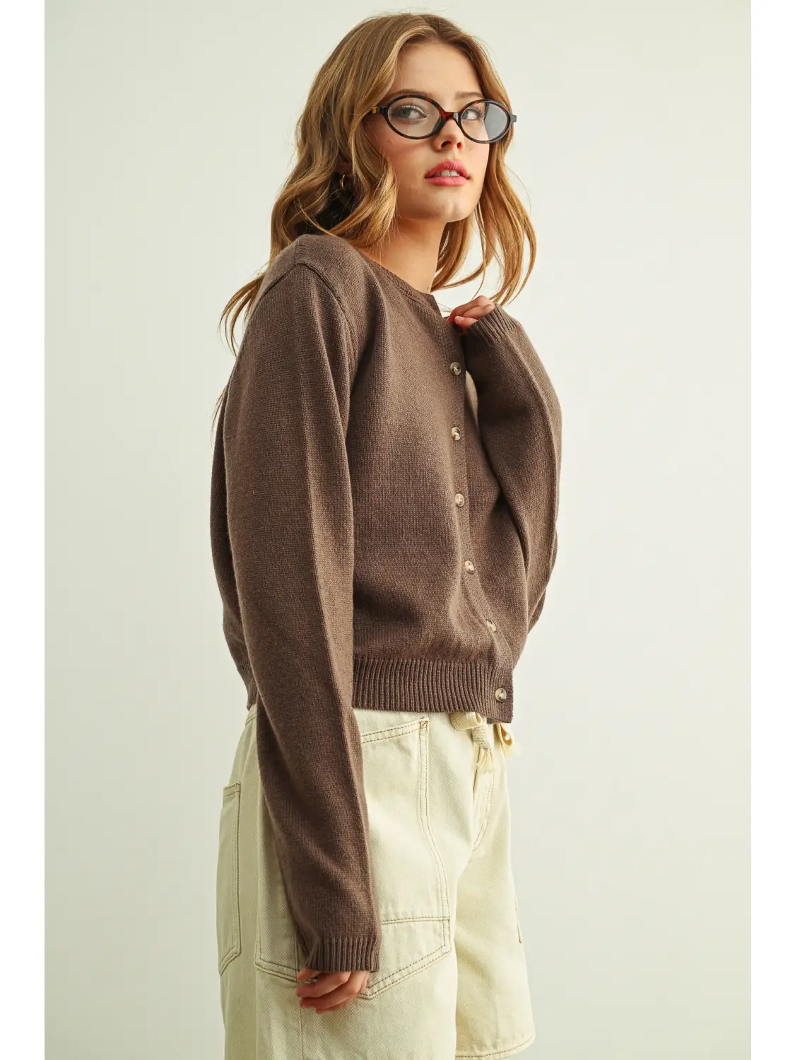 Simple Button Front Round Neck Sweater Cardigan - BROWN