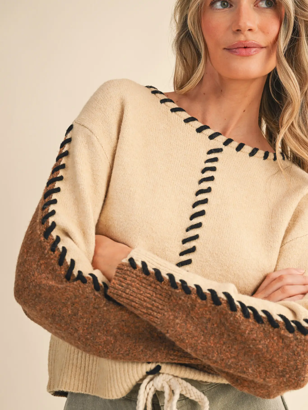 Whip Stitch Two-Tone Sweater - TAUPE BROWN