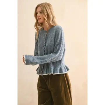 Button Front Ruffled Detail Sweater Cardigan - Denim Blue