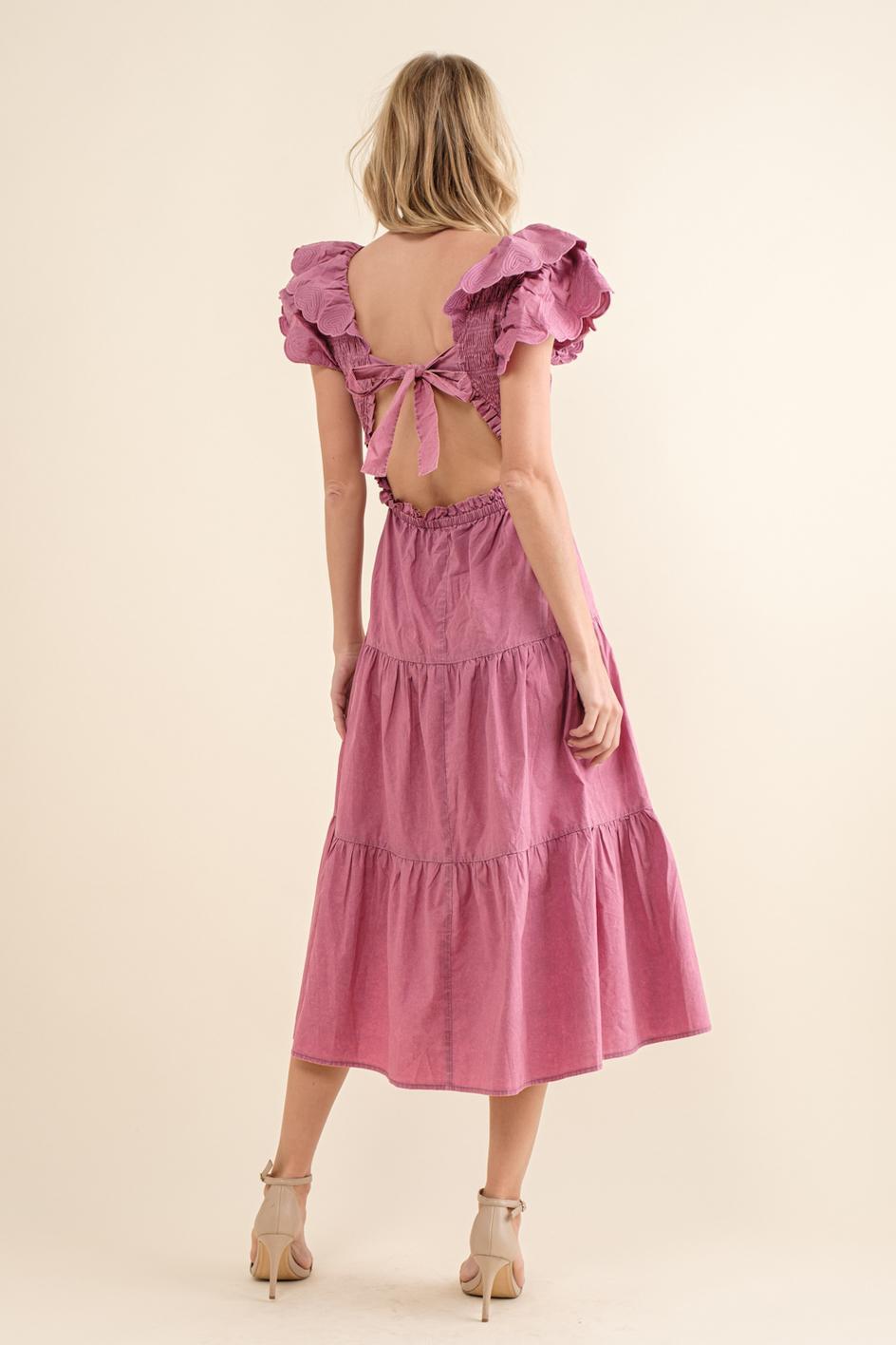 Cotton Poplin Ruffle Slv Smocked Bodice Midi Dress - Grape Nectar