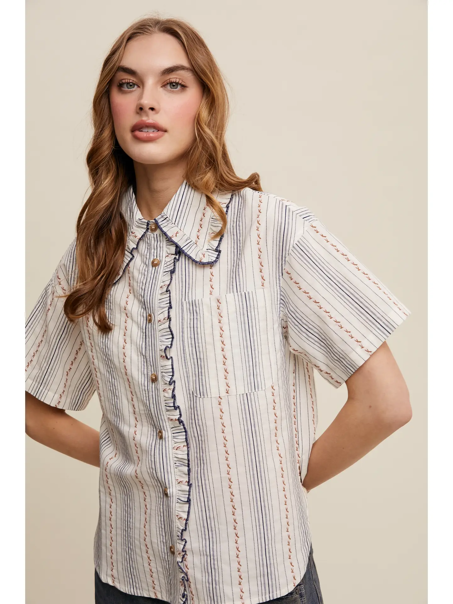 Striped Embroidered Button-Down Blouse