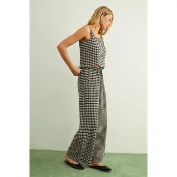 Mixed Gingham Straight Pants - Black/Cream