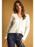 Lace Knit with Drawsting On Waist Knit Cardigan - CREAM