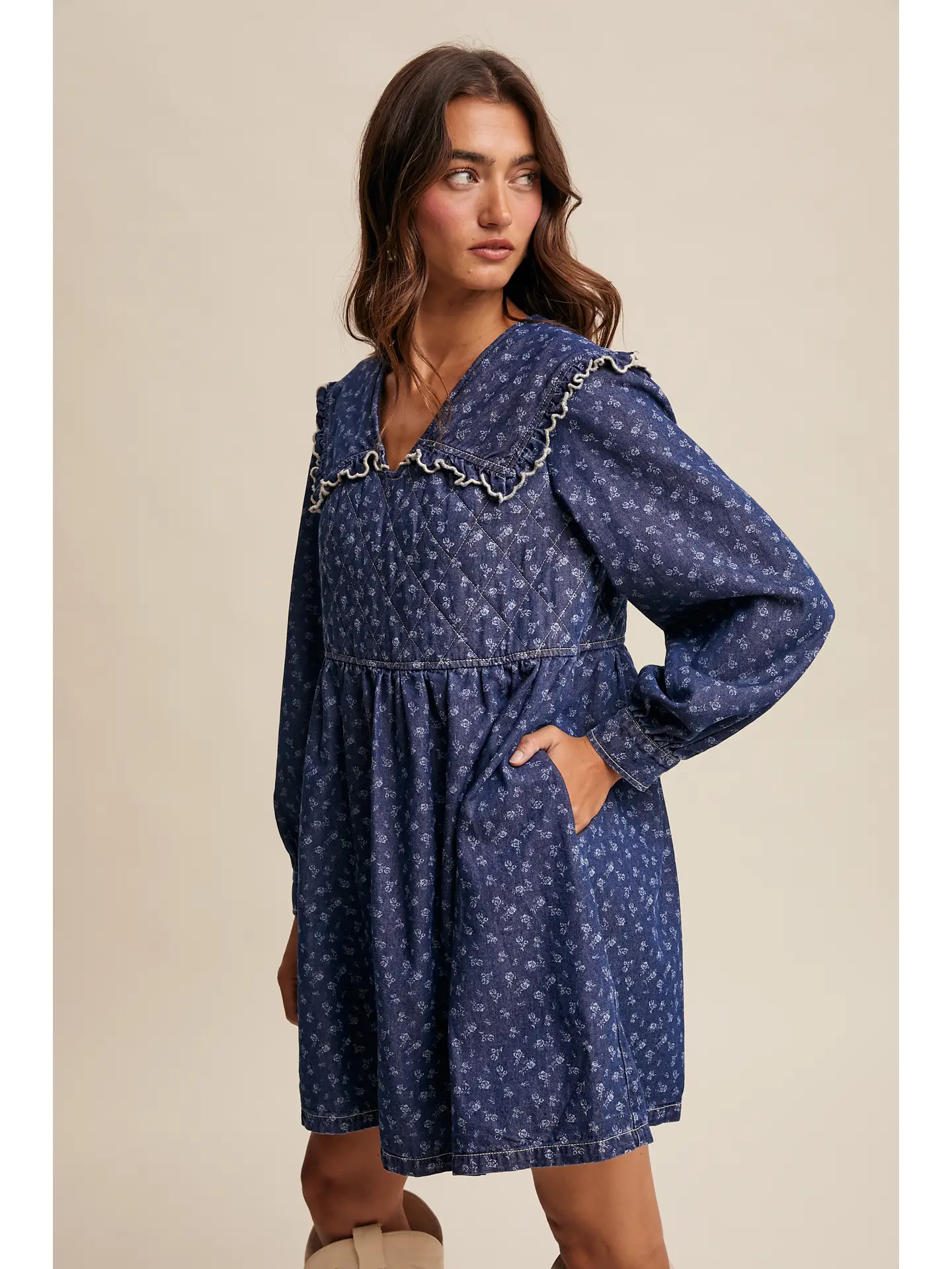 Quilted Yoke Denim Mini Dress